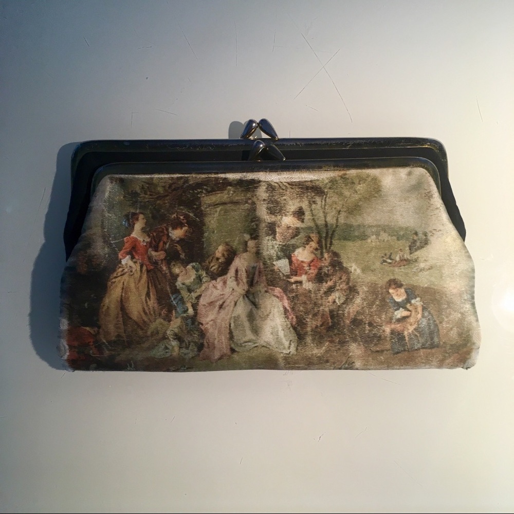 Antique Hand Painted Silk Clutch Wallet Coin/Card